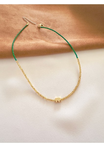 Altın Yeşil Fil Boncuk Kolye