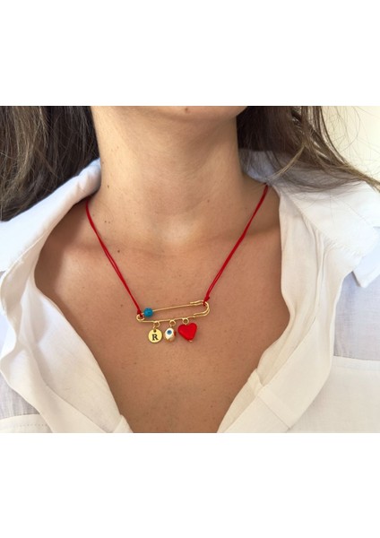 Iskoç Iğnesi Harfli Cam Kırmızı Kalp Nazar Boncuklu Kolye