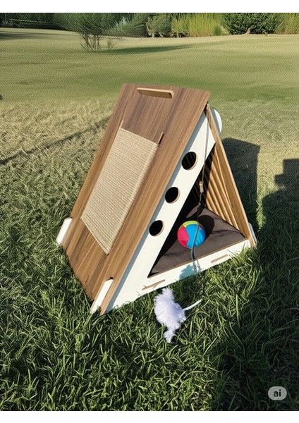 2in1 Ahşap Bungalov Tırmalama Kedi Evi - Yuvası