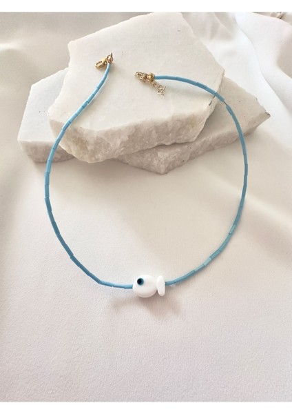 Beyaz Murano Cam Balık Mavi Boru Boncuk Kolye