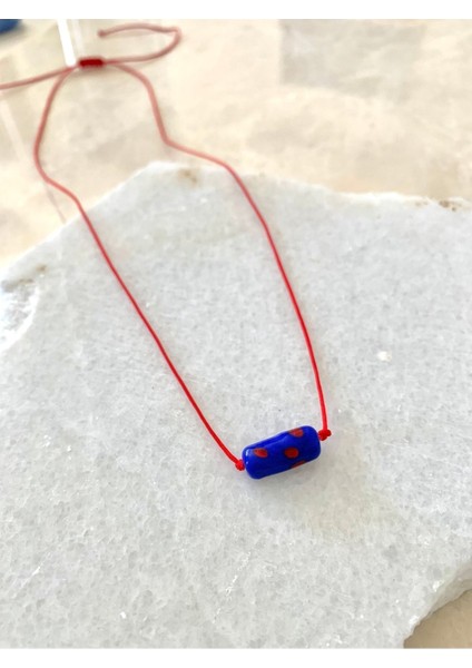 Murano Cam Mavi Rulo Silindir Kırmızı Ip Kolye