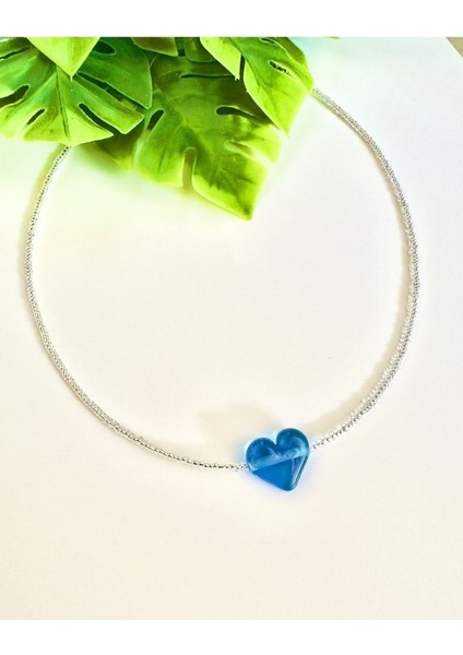 Mavi Cam Murano Kalp Gümüş Kolye