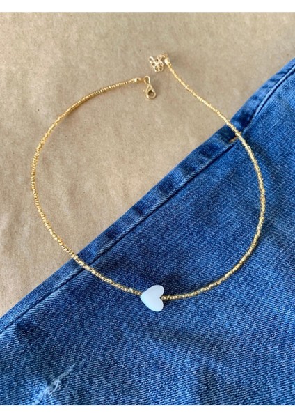 Sedef Kalp Altın Renk Boncuk Kolye