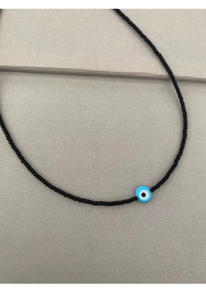 Cam Nazar Boncuklu Siyah Boncuk Kolye