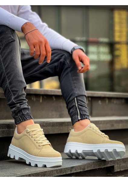 J056 Bağcıklı Ortopedik Taban Günlük Süet Erkek Spor Sneaker Ayakkabı Bt Bej