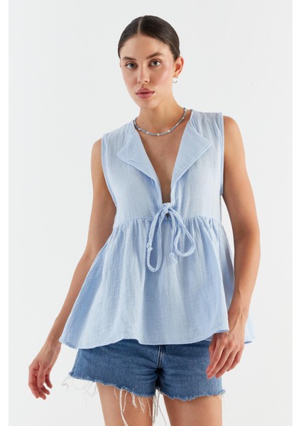 Önü Bağlamalı Müslin Bluz Bebe Mavı