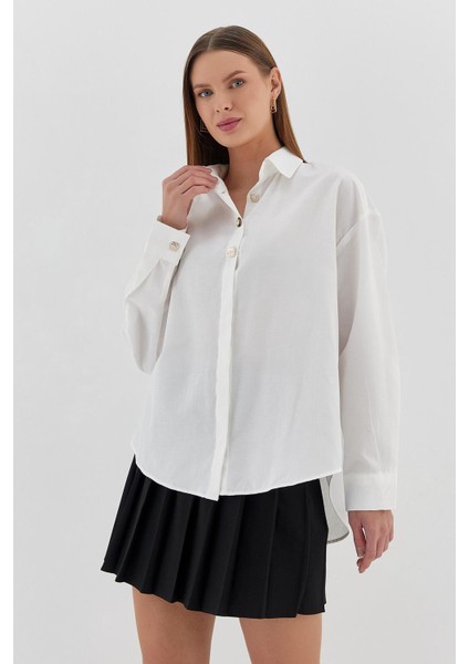 Gold Düğmeli Oversize Gömlek Beyaz
