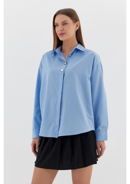 Gold Düğmeli Oversize Gömlek Mavı fiyatları