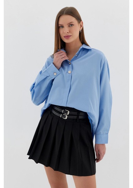 Gold Düğmeli Oversize Gömlek Mavı modelleri