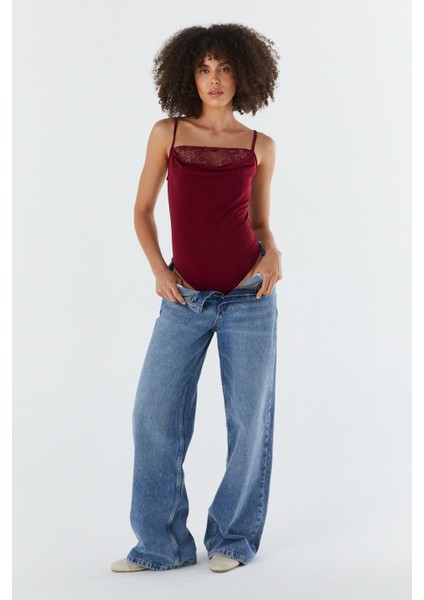 Dantel Yaka Çıtçıtlı Atlet Bordo