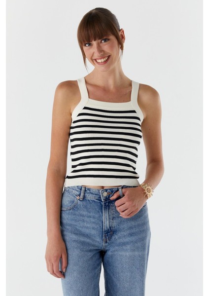 Çizgili Triko Bluz Krem