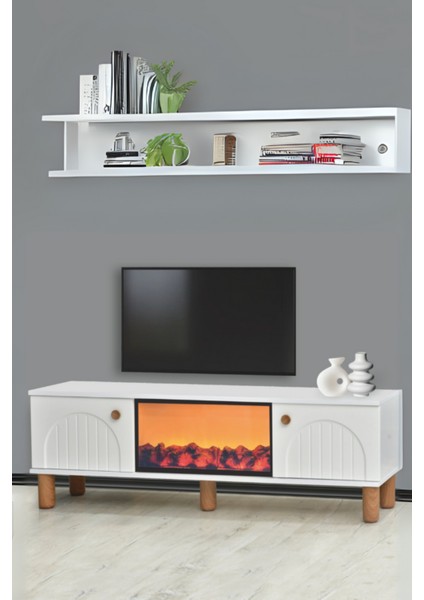 Lidya Şömineli Tv Sehpası Şık Kapaklı Tasarım 36 Inç Ekran Üzeri Uyumlu 150x36x50 Cm