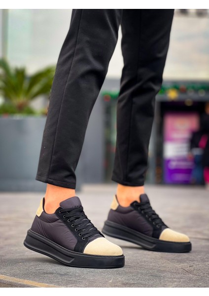 J-X46 Bağcıklı Ortopedik Taban Günlük Paraşüt Kumaş Erkek Spor Sneaker Ayakkabı St Siyah/bej