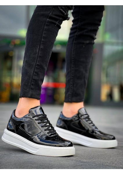 J-X8 Bağcıklı Ortopedik Taban Günlük Rugan Erkek Spor Sneaker Ayakkabı Bt Siyah