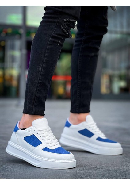 J-X8 Bağcıklı Ortopedik Taban Günlük Cilt Süet Erkek Spor Sneaker Ayakkabı Bt Beyaz/mavi