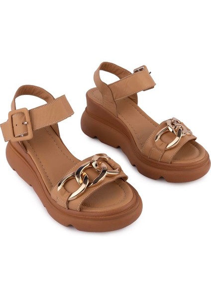 Hakiki Deri Yumuşak Günlük Zincir Aksesuarlı Sandalet Taba 8088