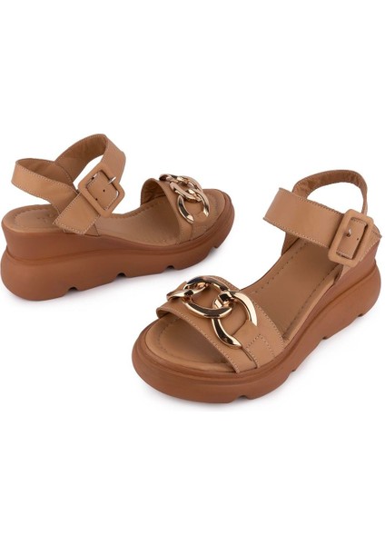 Hakiki Deri Yumuşak Günlük Zincir Aksesuarlı Sandalet Taba 8088 indirimleri