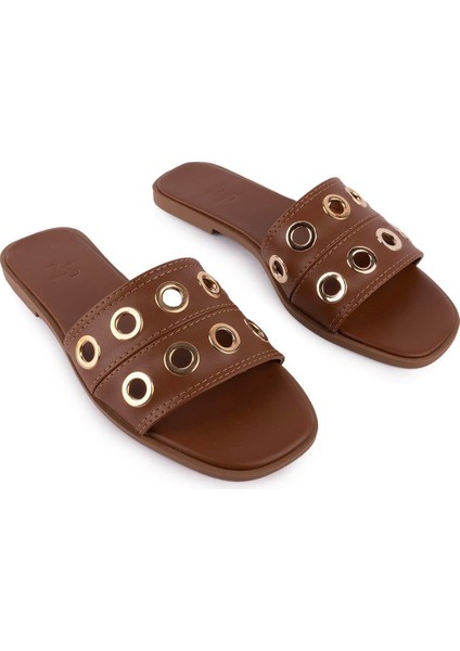 Floxer Modern Zımbalı Düz Terlik Taba 8251