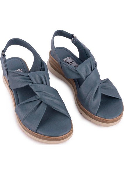 Hakiki Deri Günlük Rahat Düğüm Tasarım Sandalet Mavi D-1111