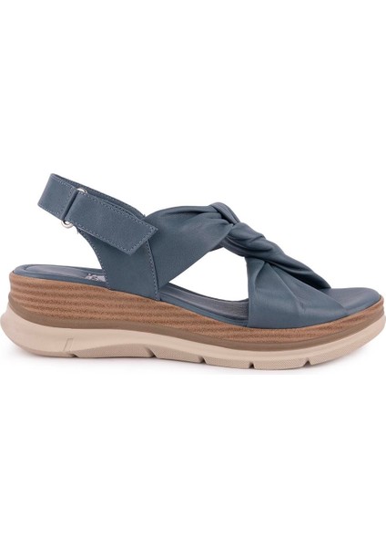 Hakiki Deri Günlük Rahat Düğüm Tasarım Sandalet Mavi D-1111