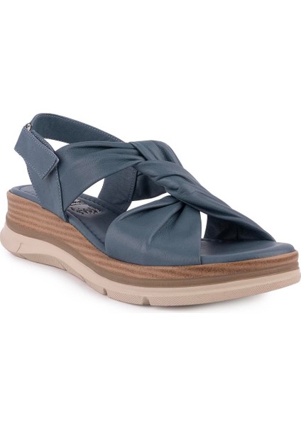 Hakiki Deri Günlük Rahat Düğüm Tasarım Sandalet Mavi D-1111
