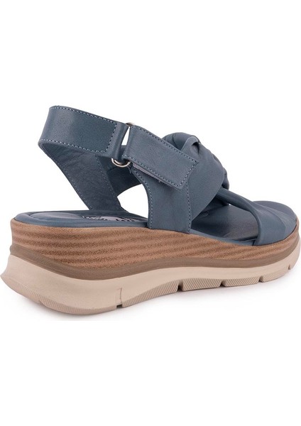 Hakiki Deri Günlük Rahat Düğüm Tasarım Sandalet Mavi D-1111