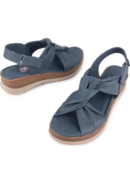 Hakiki Deri Günlük Rahat Düğüm Tasarım Sandalet Mavi D-1111
