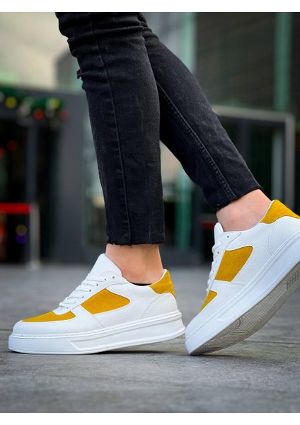 J-X8 Bağcıklı Ortopedik Taban Günlük Cilt Süet Erkek Spor Sneaker Ayakkabı Bt Beyaz/sarı modelleri