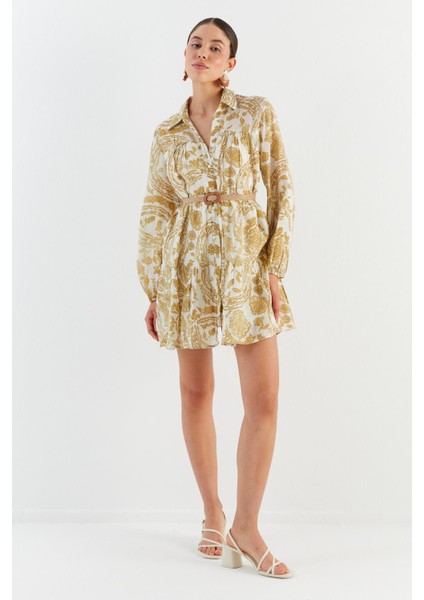 Hasır Kemerli Mini Elbise Sarı