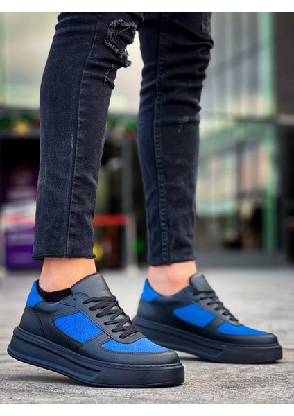 J-X8 Bağcıklı Ortopedik Taban Günlük Cilt Süet Erkek Spor Sneaker Ayakkabı St Siyah/mavi