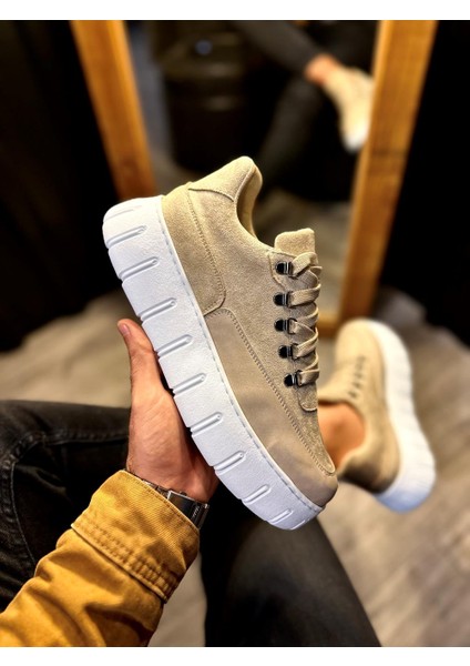 J600 Bağcıklı Ortopedik Taban Süet Erkek Günlük Sneaker Spor Ayakkabı Bt Vizon