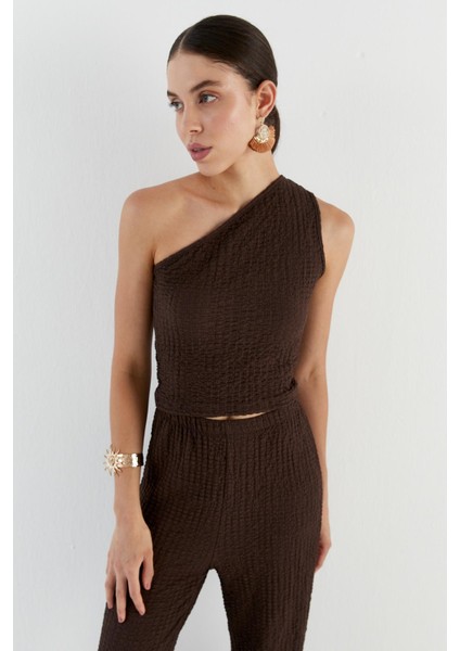 Tek Omuz Gofre Kumaş Bluz Pantolon Takım Kahve fiyatları