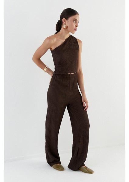 Tek Omuz Gofre Kumaş Bluz Pantolon Takım Kahve fırsatları