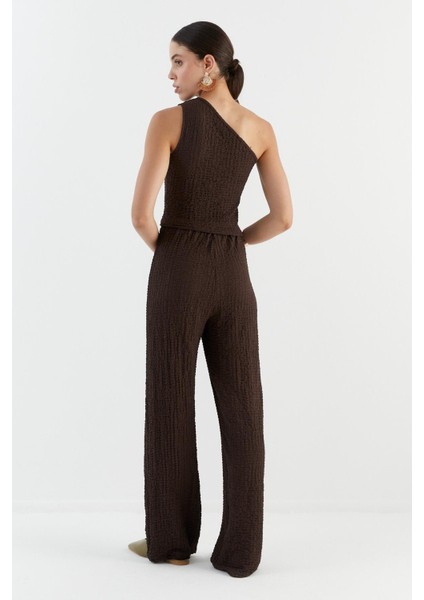 Tek Omuz Gofre Kumaş Bluz Pantolon Takım Kahve indirimleri