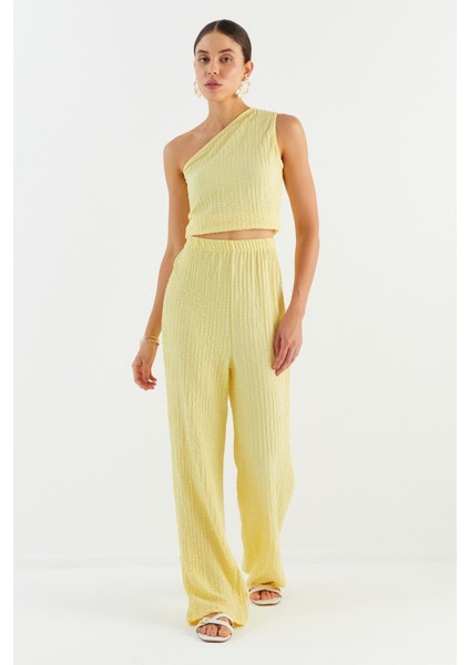 Tek Omuz Gofre Kumaş Bluz Pantolon Takım Sarı