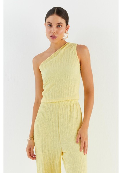 Tek Omuz Gofre Kumaş Bluz Pantolon Takım Sarı fiyatları