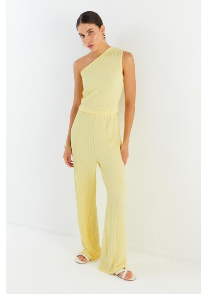 Tek Omuz Gofre Kumaş Bluz Pantolon Takım Sarı modelleri