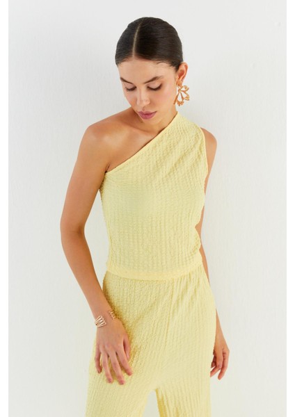 Tek Omuz Gofre Kumaş Bluz Pantolon Takım Sarı fırsatları