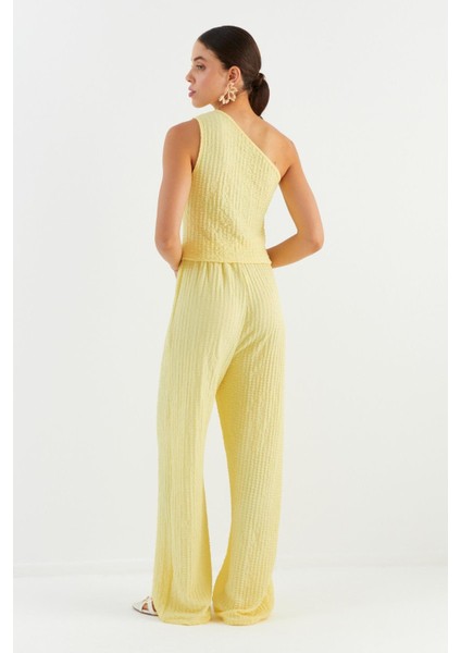 Tek Omuz Gofre Kumaş Bluz Pantolon Takım Sarı indirimleri