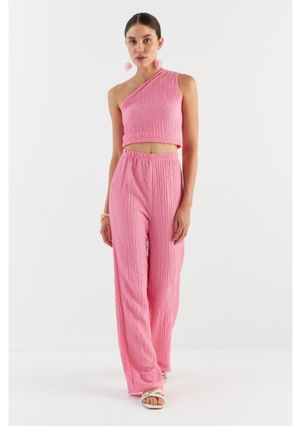 Tek Omuz Gofre Kumaş Bluz Pantolon Takım Pembe