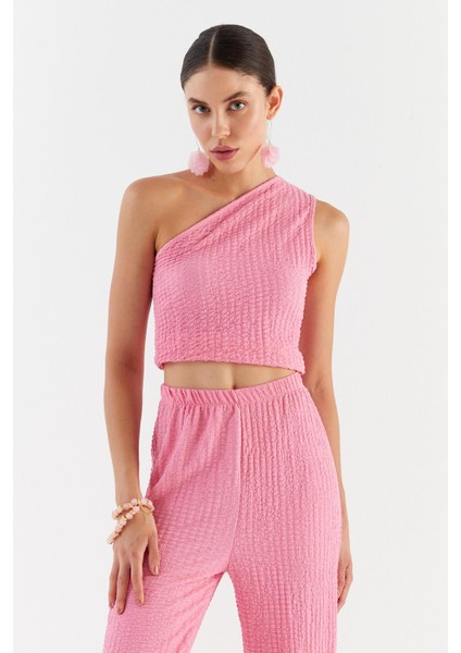 Tek Omuz Gofre Kumaş Bluz Pantolon Takım Pembe fiyatları