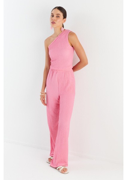Tek Omuz Gofre Kumaş Bluz Pantolon Takım Pembe modelleri