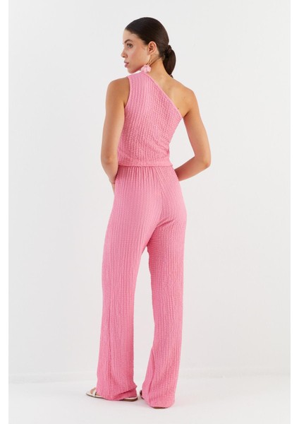 Tek Omuz Gofre Kumaş Bluz Pantolon Takım Pembe indirimleri