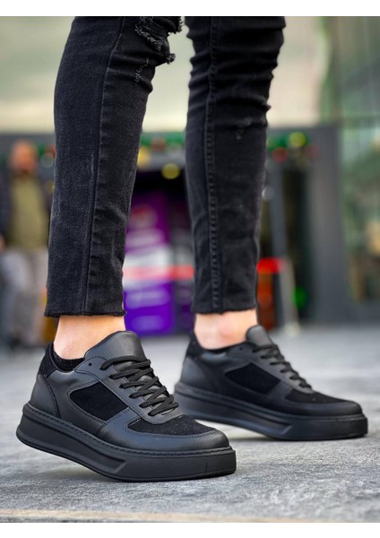J-X8 Bağcıklı Ortopedik Taban Günlük Cilt Süet Erkek Spor Sneaker Ayakkabı St Siyah