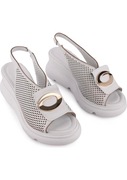 Modern Rahat Deri Yumuşak Lazer Kesim Tokalı Sandalet Beyaz 8067