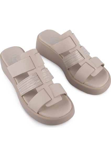 Hakiki Deri Rahat Bantlı Günlük Terlik 1602 Bej