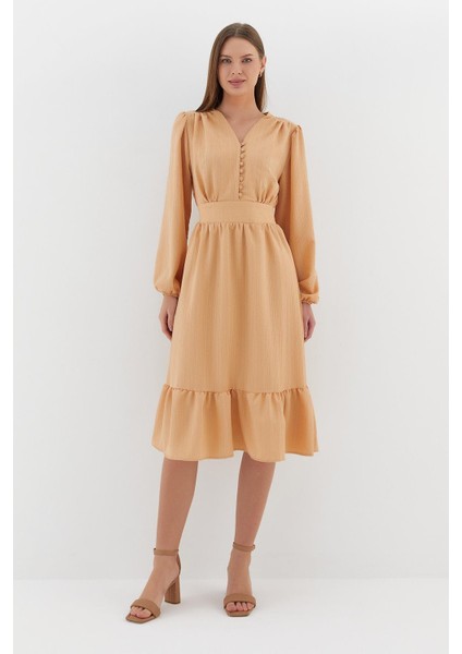 Uzun Kol Midi Elbise Bej