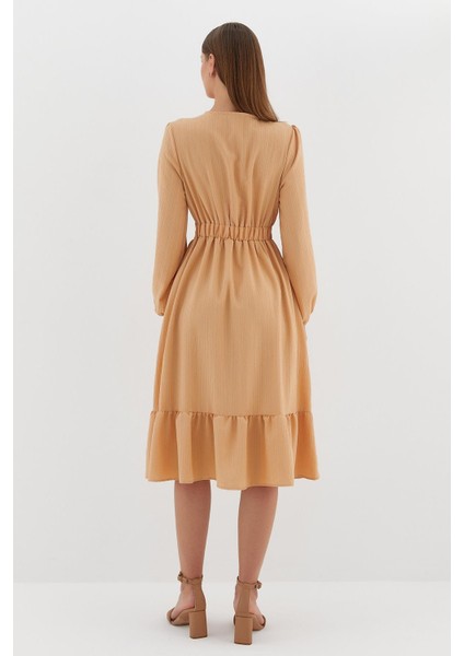 Uzun Kol Midi Elbise Bej indirimleri