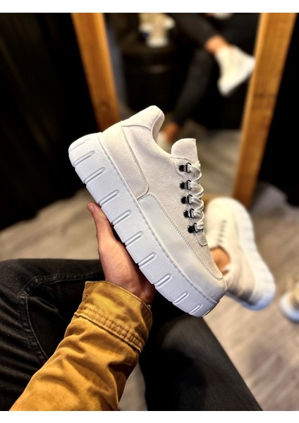 J600 Bağcıklı Ortopedik Taban Süet Erkek Günlük Sneaker Spor Ayakkabı Bt Beyaz