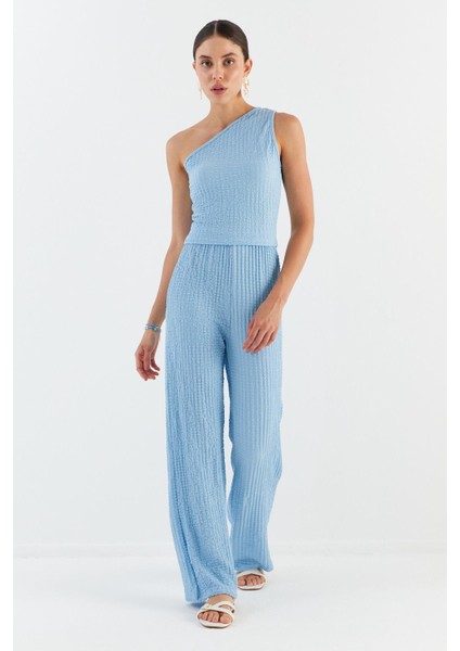 Tek Omuz Gofre Kumaş Bluz Pantolon Takım Mavı